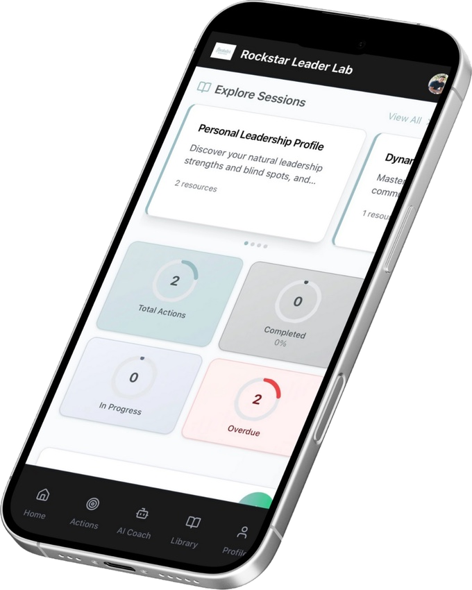 The Rockstar Leader Lab app on a phone showing sessions, actions, and an AI coach