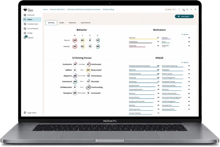 The TTI Success Insights platform showing behaviors, motivators, driving forces, and DNA25 skills